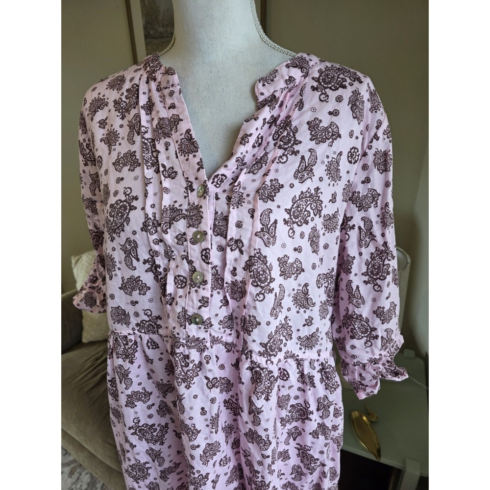 Lintico Dress Size XL Linen Paisley Pintucked Ruffle- CuffMaxi Dress MAELYN Pink - Picture 2 of 6